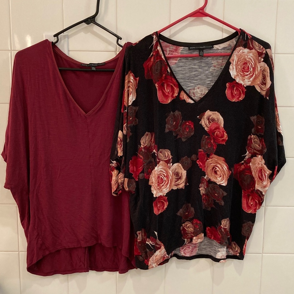 White House Black Market Maroon and Floral V-Neck Dolman Sleeve Tees